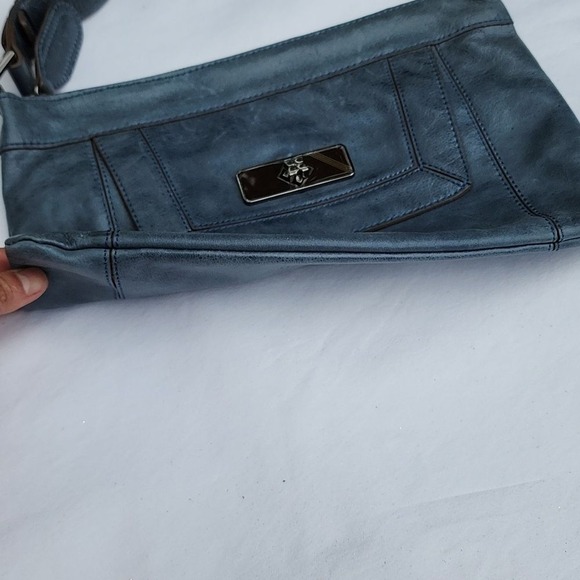 BCBGMAXAZRIA Shoulder Bag Women Blue Leather Buckle Strap Gunmetal Hardware - Picture 13 of 13